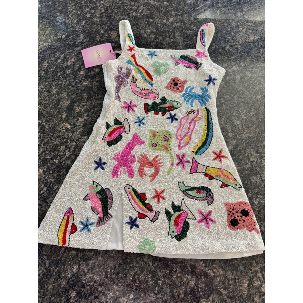 Oceanus The Label Arizona Mini Beaded Dress White Sea Life Fish Lobster New M - Picture 3 of 14